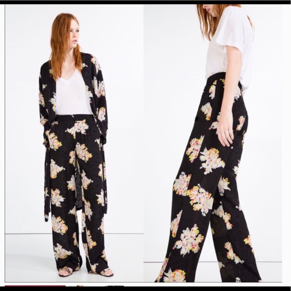 Zara Black Silk Floral Print Palazzo Pants